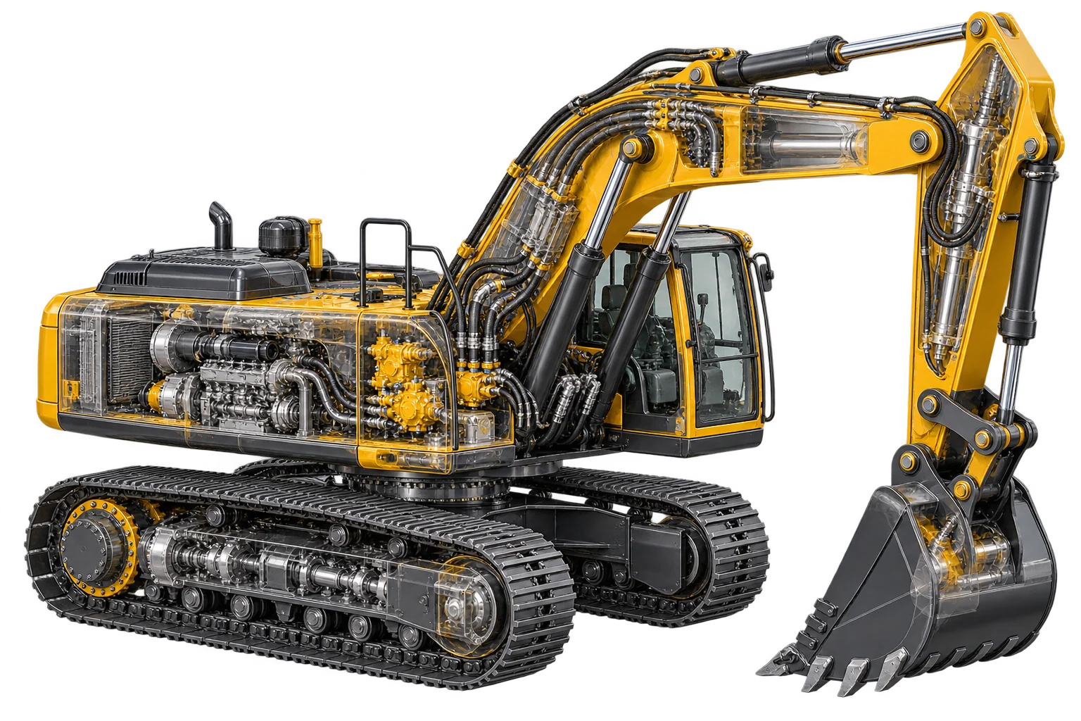 Tracked excavator cutaway showing hydraulic and mechanical components