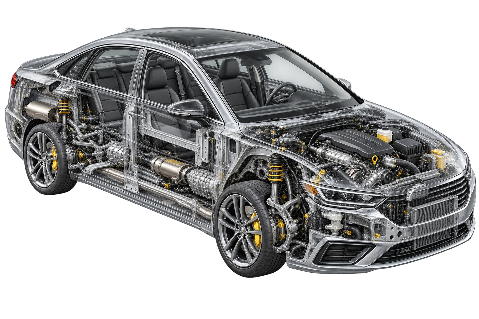 Passenger car cutaway showing engine, suspension and drivetrain